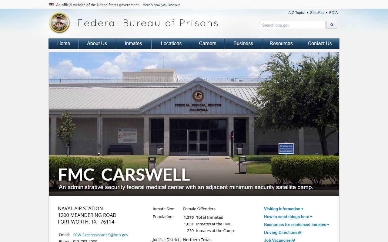 BOP facility page for FMC Carswell