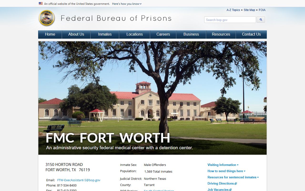 BOP facility page for FMC Fort Worth