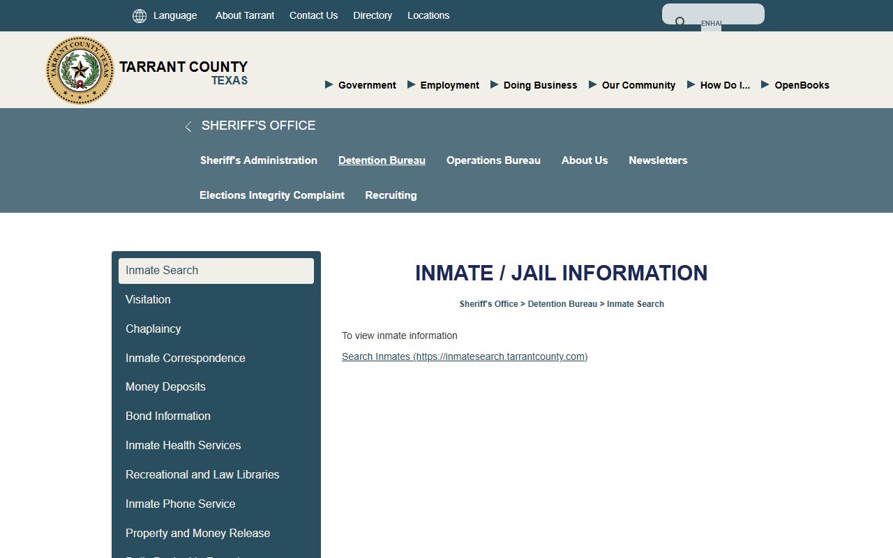 Tarrant County inmate records and mugshots roster landing page