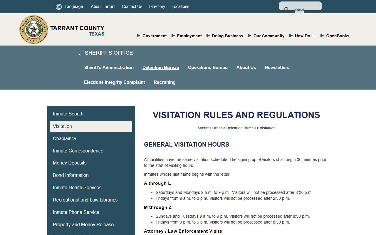 Tarrant County inmate records visitation schedule and jail rules