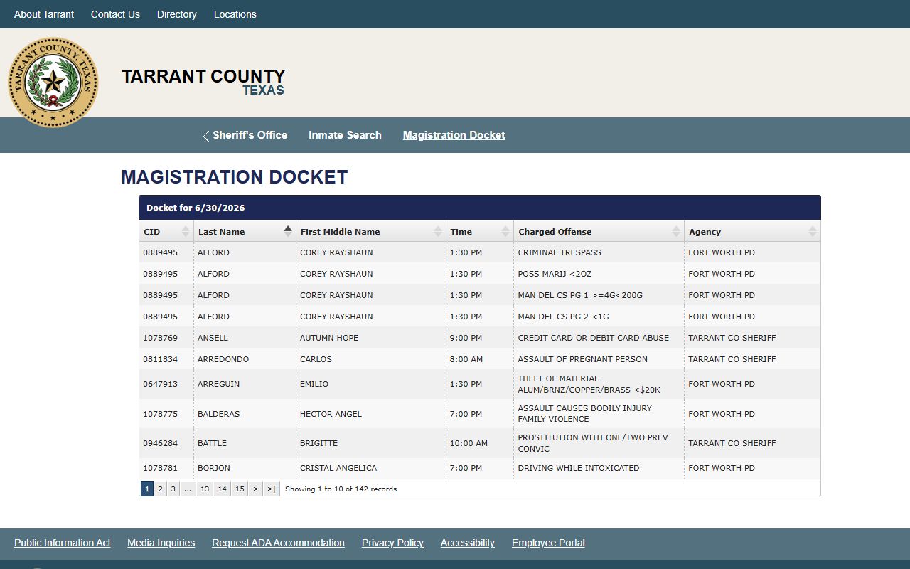 Tarrant County court records after jail arrest magistration docket