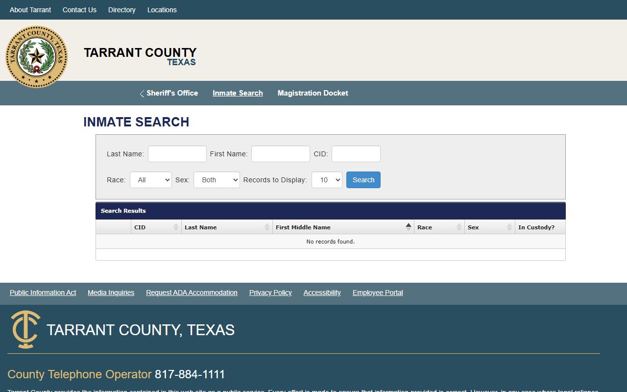 Tarrant County inmate records live jail roster search form